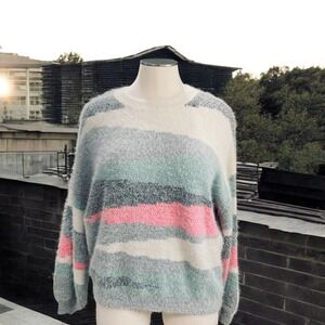 Shop Wanna B Fuzzy Striped Sweater‎ XL Oversized Soft Girl Cozy Lounge Pastel